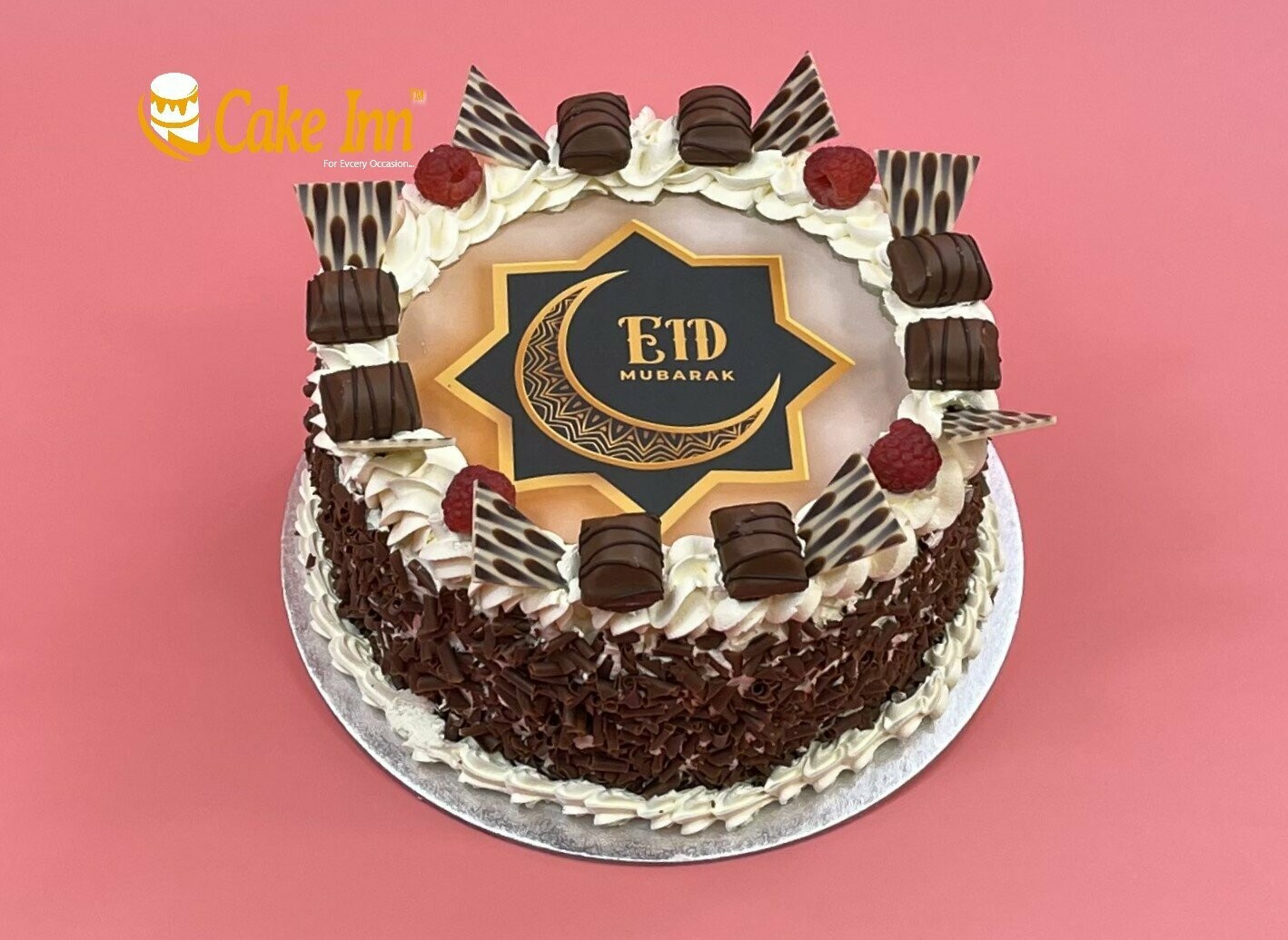 Kinder Bueno & Raspberry With Chocolate Sprinkle's On Side Eid Cake