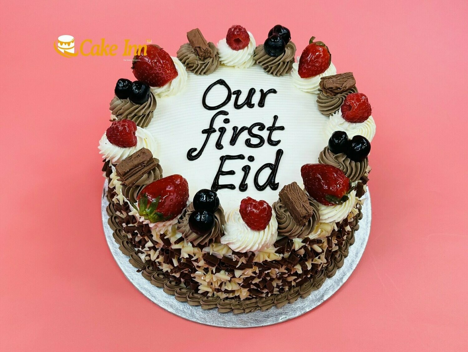 Strawberry's & Chocolate Flake With Chocolate Curls On Side Eid Cake