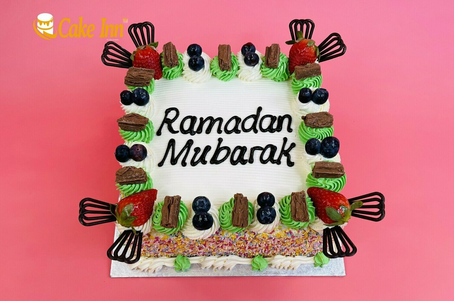 Strawberry Flake With Mix Sprinkles On Side Ramadan Cake
