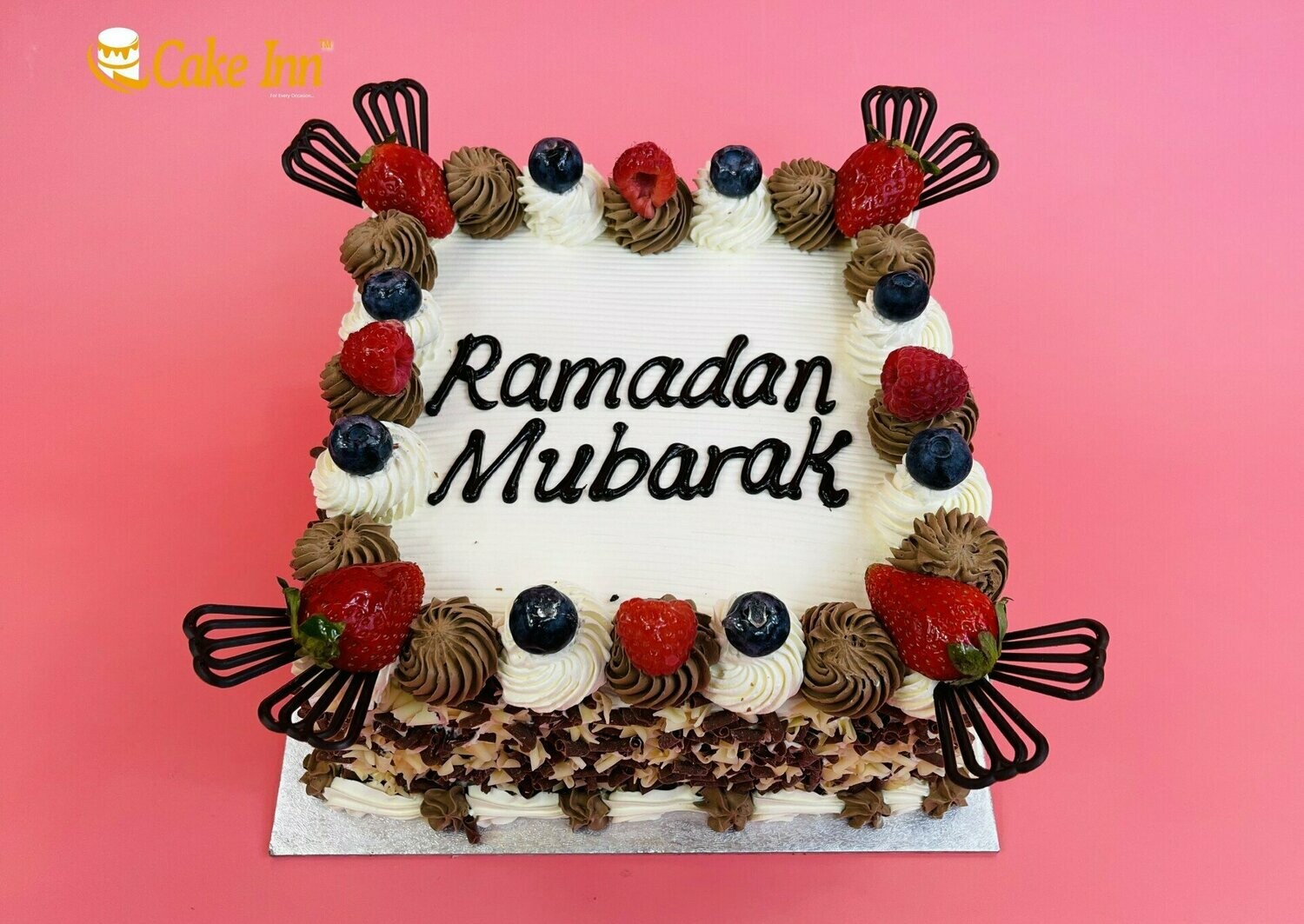 Strawberry With Chocolate Curls On Side Ramadan Cake