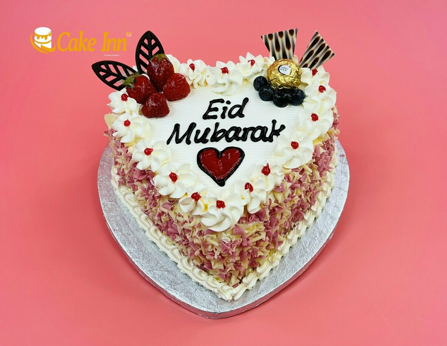 Strawberry & Ferrero With Strawberry Curls On Side Heart Eid Cake