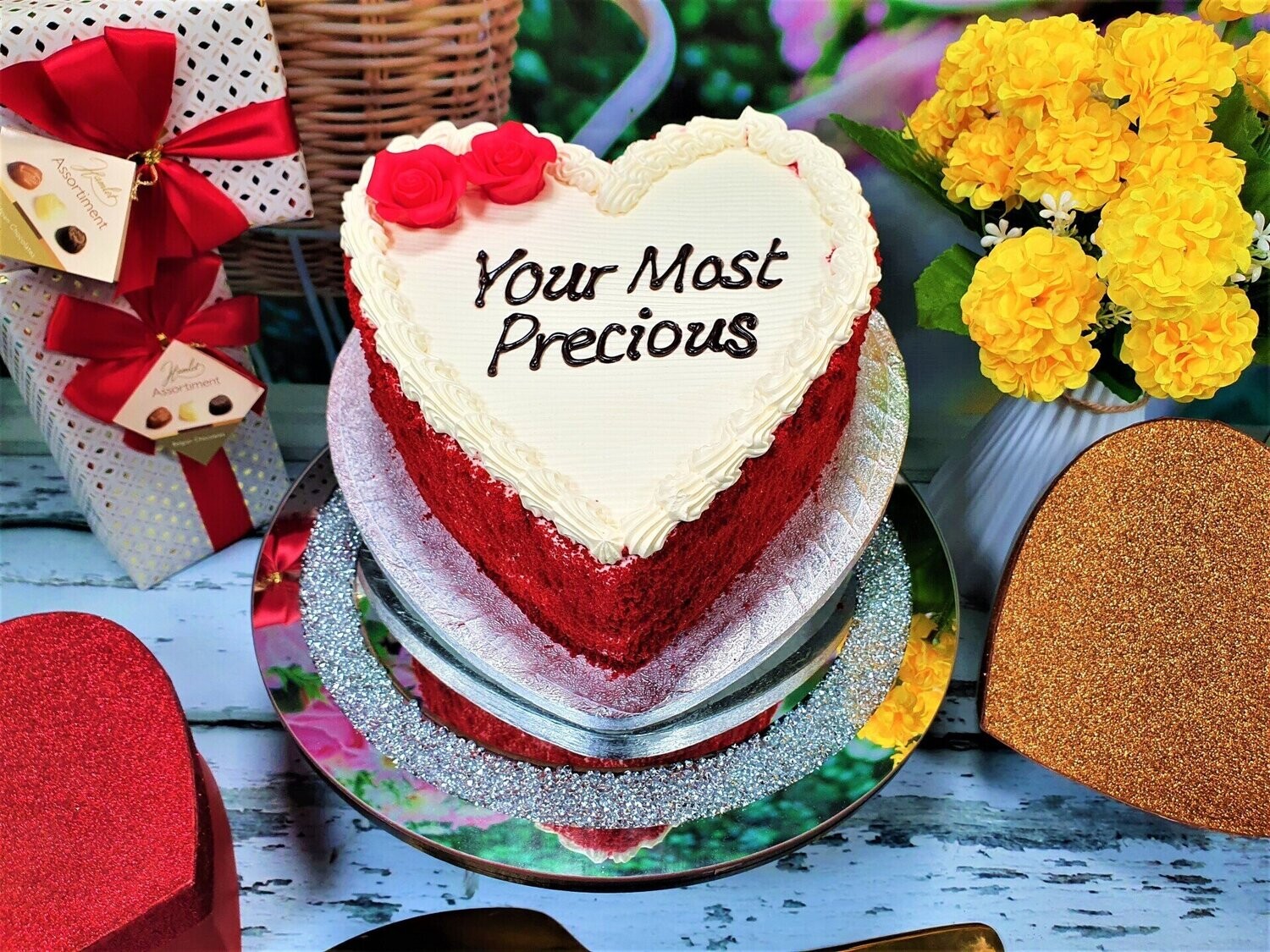 Red Flowers With Red Velvet Crumbs On Side Red Velvet Heart Cake RV933