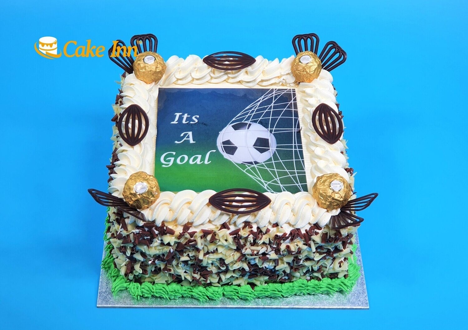 Ferrero With Chocolate curls on side Football Theme Cake