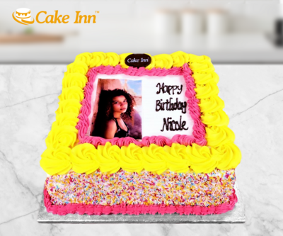 Yellow Pink & Sprinkles On Side Photo Birthday Cake P457