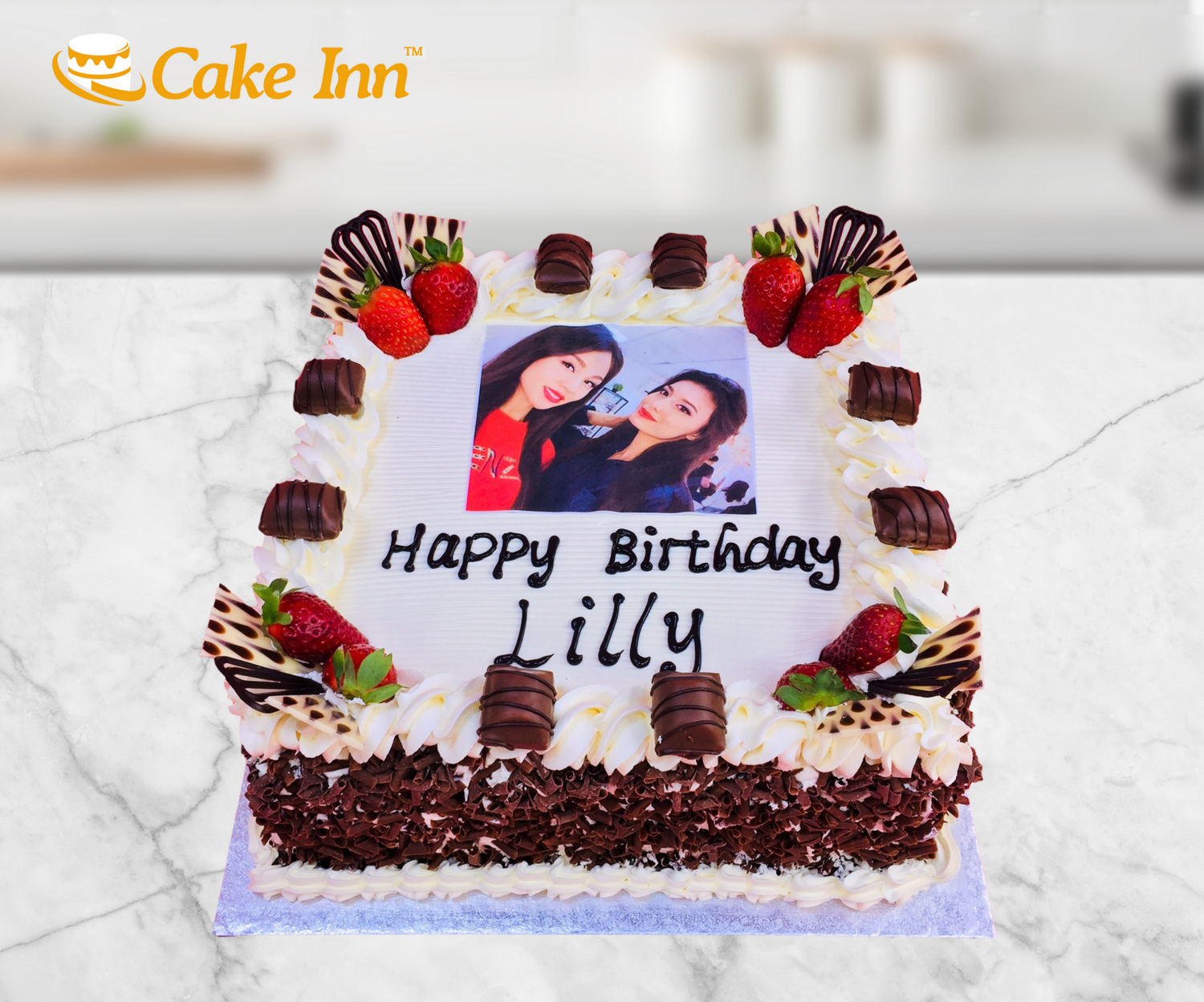 Kinder Bueno & Strawberry With Chocolate Curls On Side Photo Birthday Cake P446