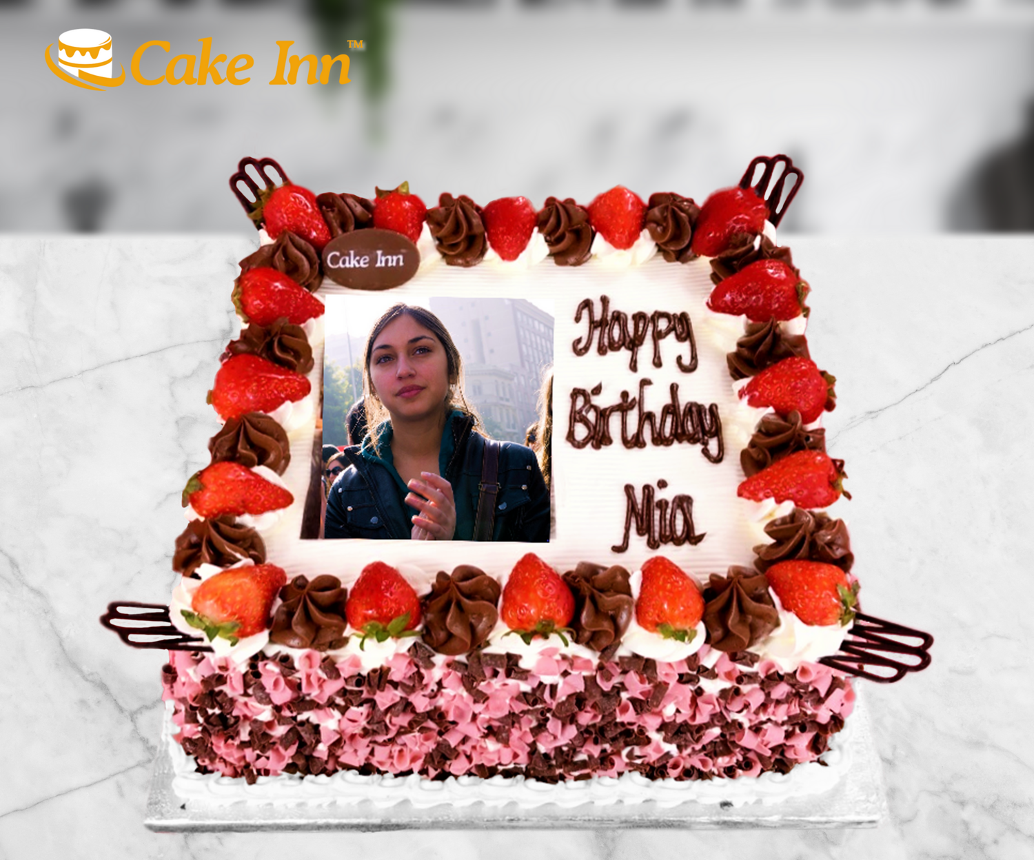 Strawberry & Chocolate Curls Photo Birthday Cake P463