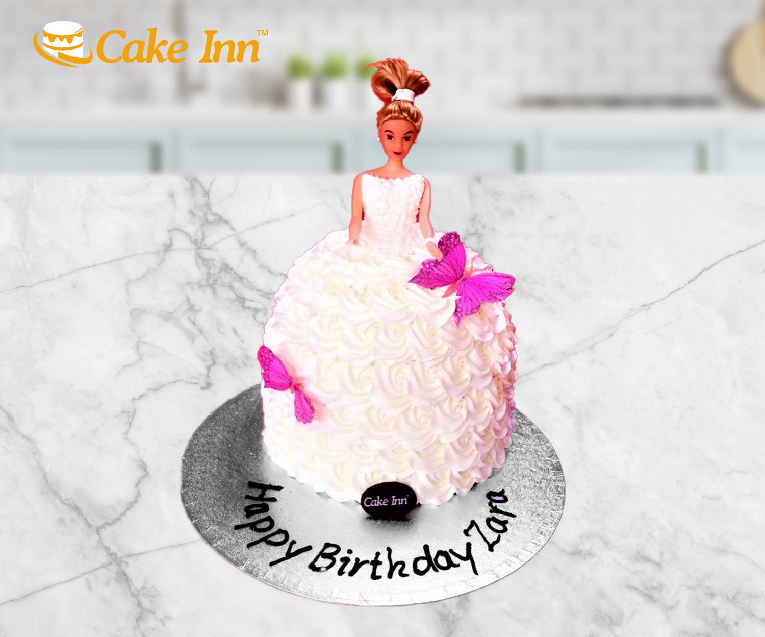 White Cake With Pink Butterfly Doll Cake