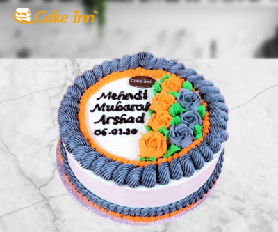 Orange & Grey Flowers Mehndi Cake