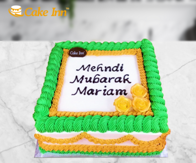 Green & Gold Colour With Gold Flowers Mehndi Cake