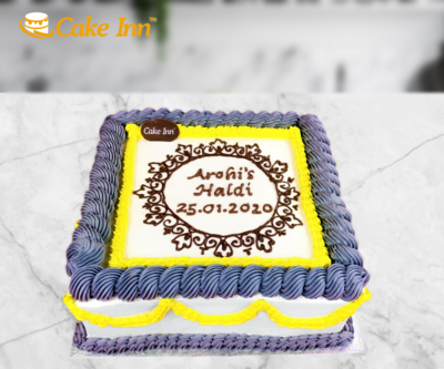 Yellow & Grey Colour With Hand Piped Flower Mehndi Cake