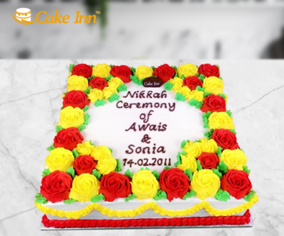 Red & Yellow Fresh Cream Flowers Mehndi Cake
