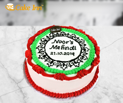 Red & Green With Hand Pipped Flower Mehndi Cake