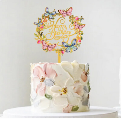 Happy Birthday Cake Topper Gold Acrylic With Butterfly Round