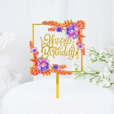 Happy Birthday Cake Topper Gold Acrylic Square With Flowers