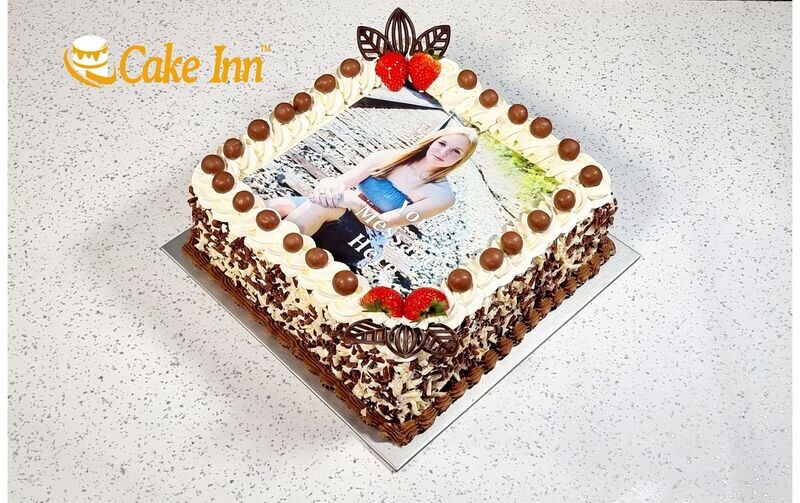 Malteser & Strawberry Topping With Chocolate Curls On Side Photo Birthday Cake P468