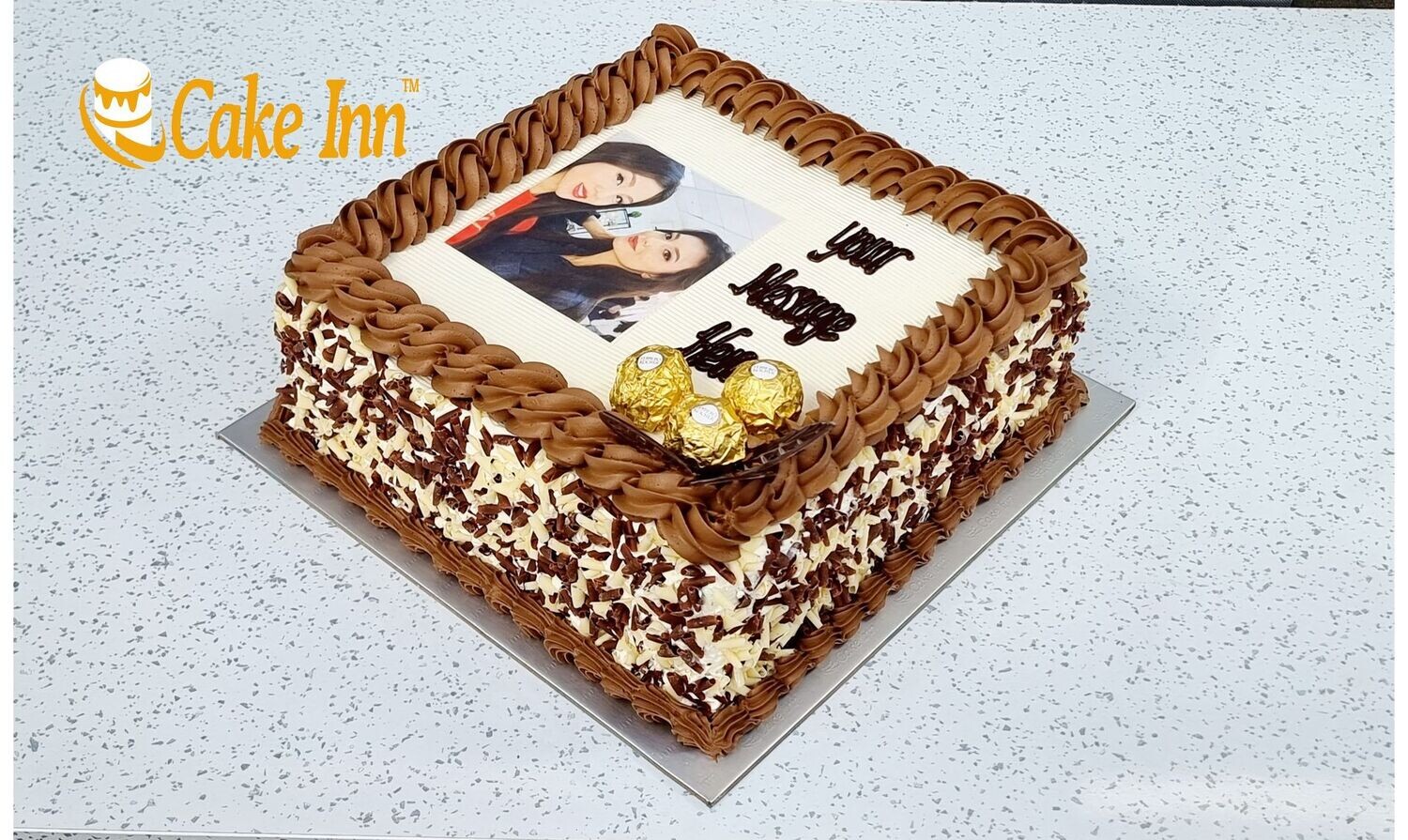 Ferrero Chocolate & Chocolate Curls On Side Photo Birthday Cake P459