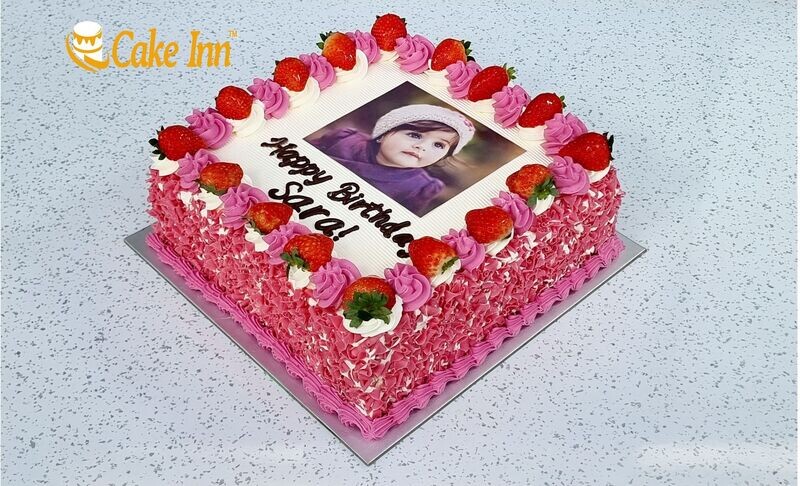 Pink With Chocolate Curls On Side Photo Birthday Cake P458