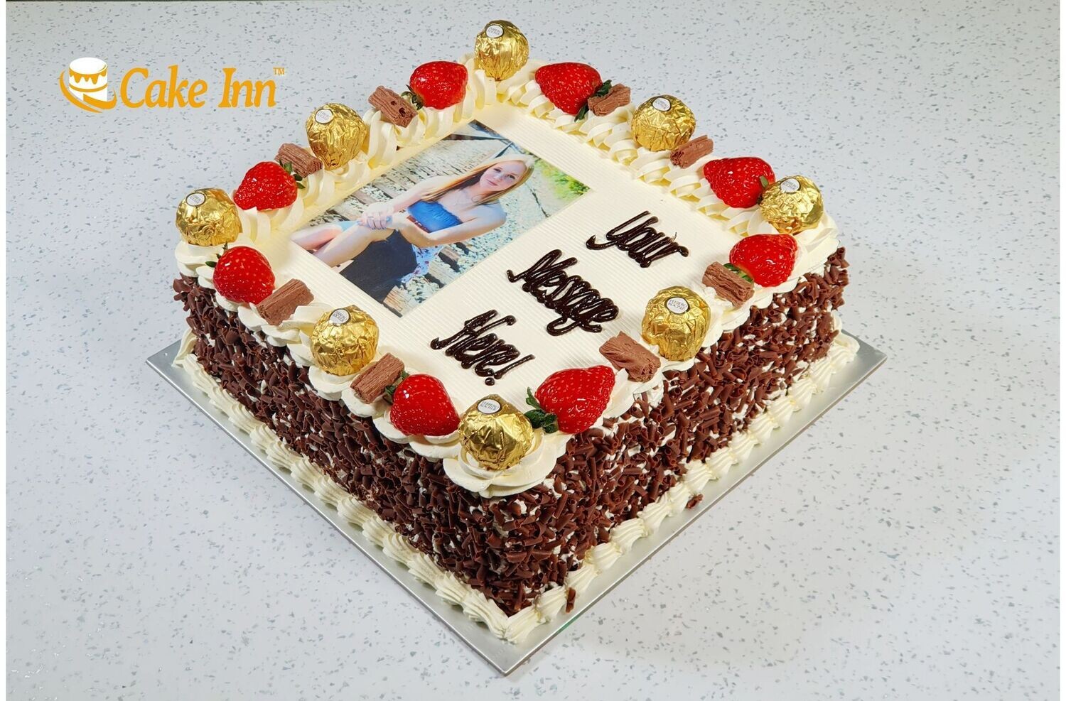 Ferrero & Strawberry | Chocolate Flake With Chocolate Curls On Side Photo Birthday Cake P445