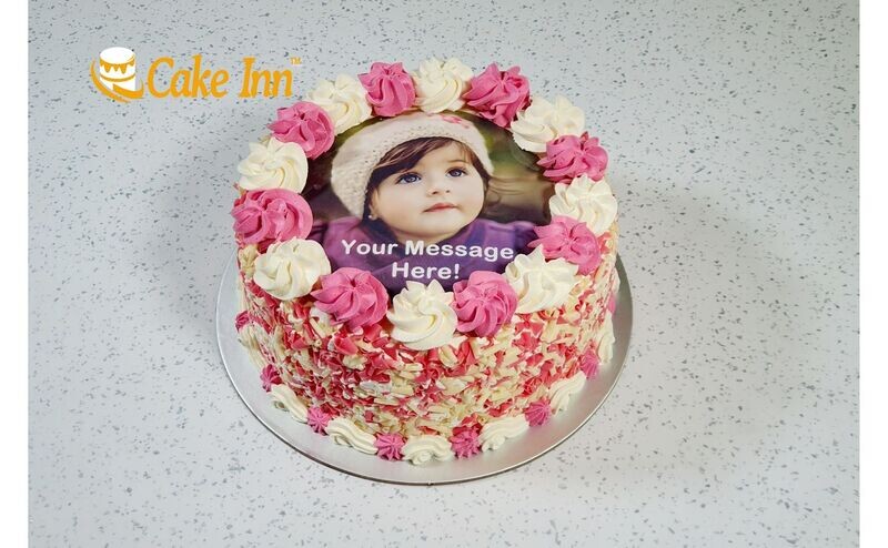Pink With Pink Curls On Side Photo Birthday Cake P473