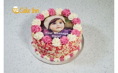 Pink With Pink Curls On Side Photo Birthday Cake P473