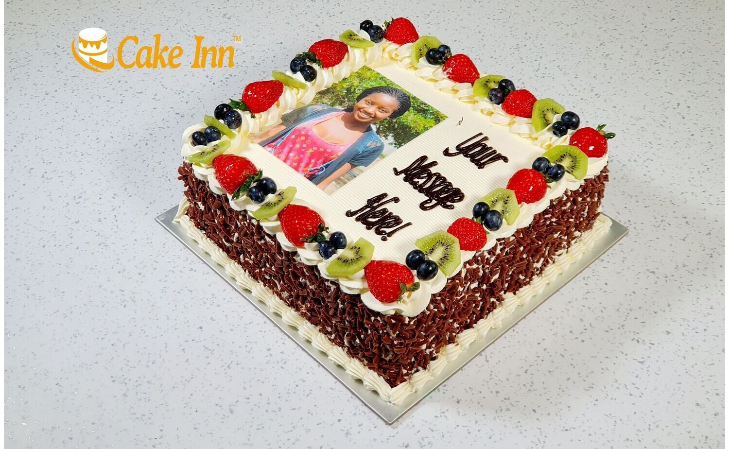 Fresh Fruit & Chocolate Curls Photo Birthday Cake P460