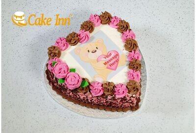 Flowers With Chocolate Curls On Side Heart Photo Cake P422