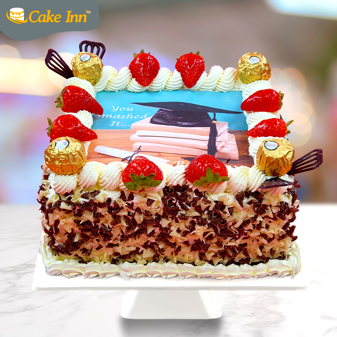 Ferrero & Strawberry With Chocolate Curls on side Graduation Cake