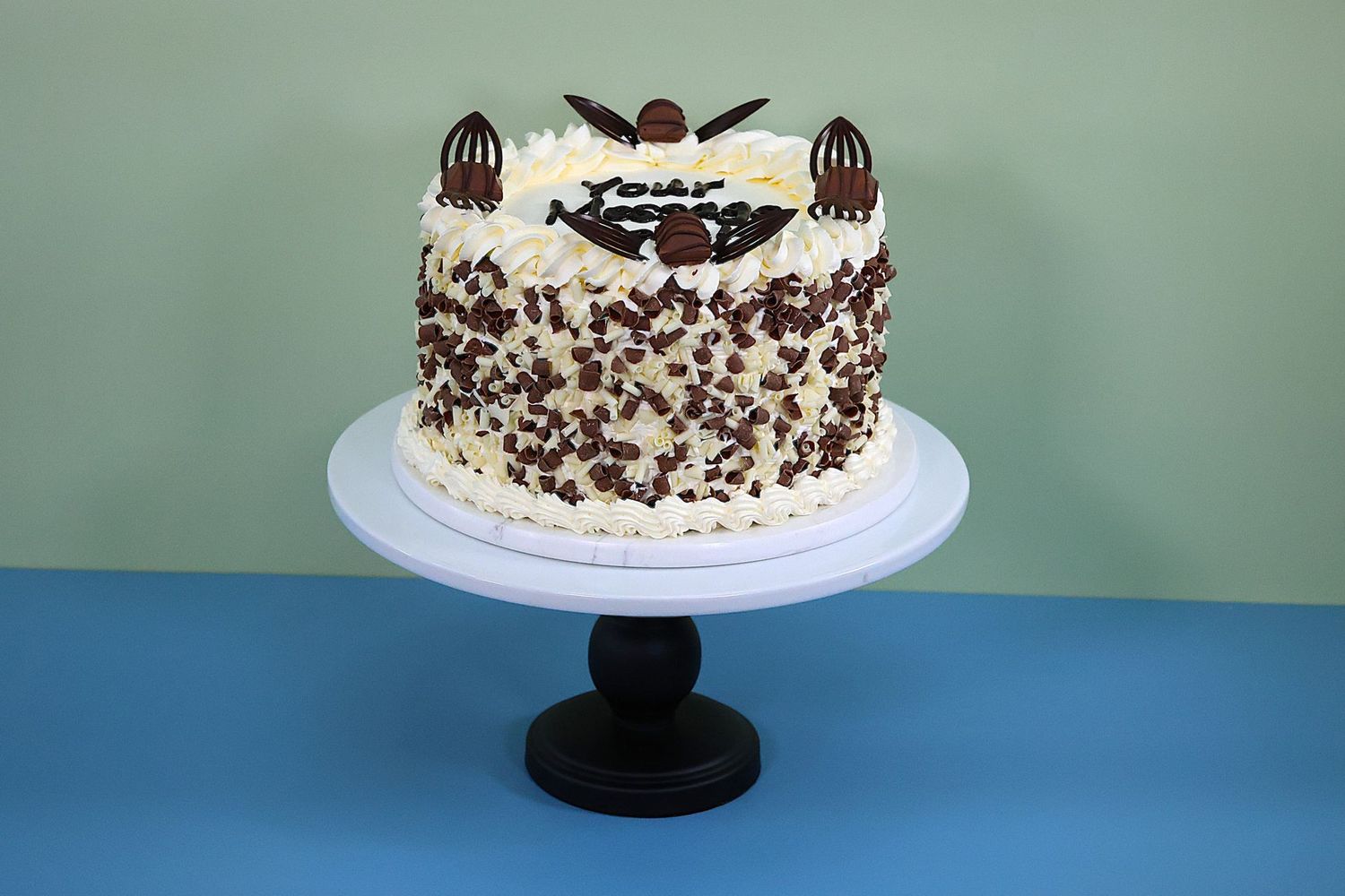 Kinder Bueno toppings With Chocolate Curls On Side Birthday Cake