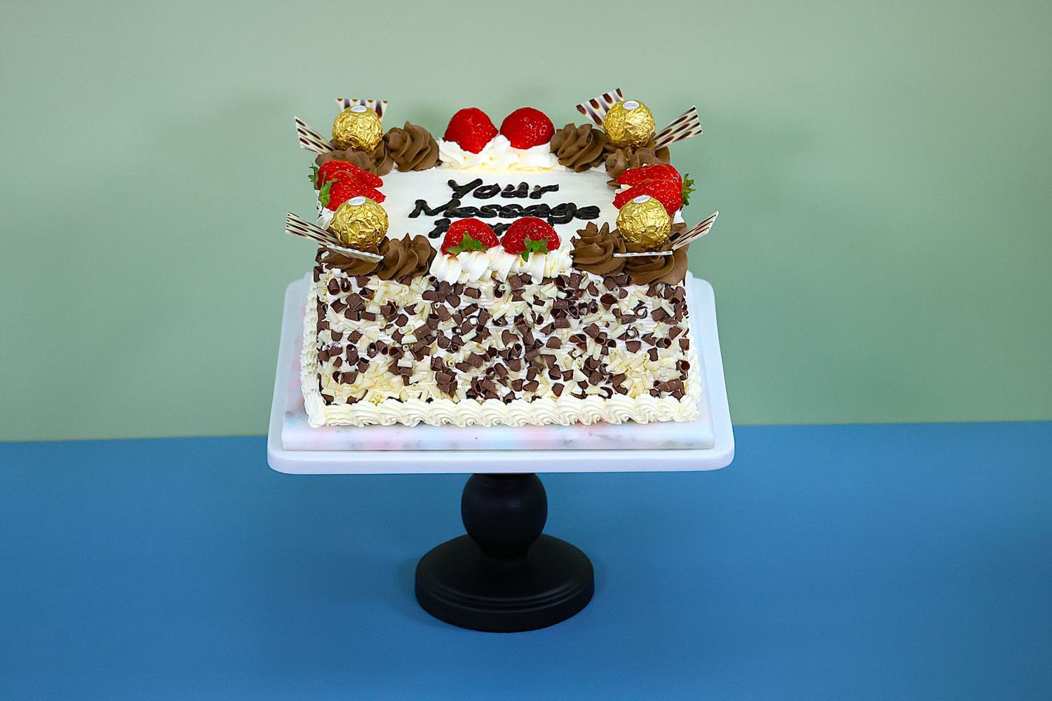 Ferrero & Strawberry Toppings With Chocolate Curls On Side Birthday Cake