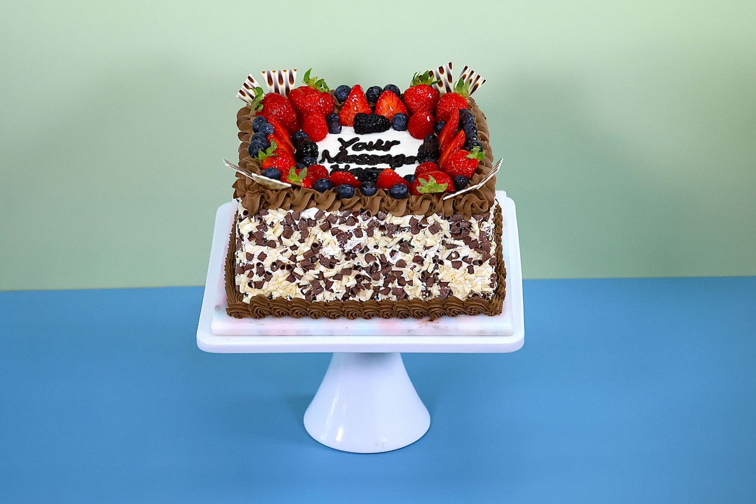 Fresh Fruit & Chocolate With Chocolate Curls On Side Birthday Cake