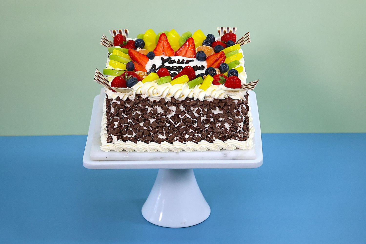 Fresh Fruit With Chocolate Curls On Side Birthday Cake