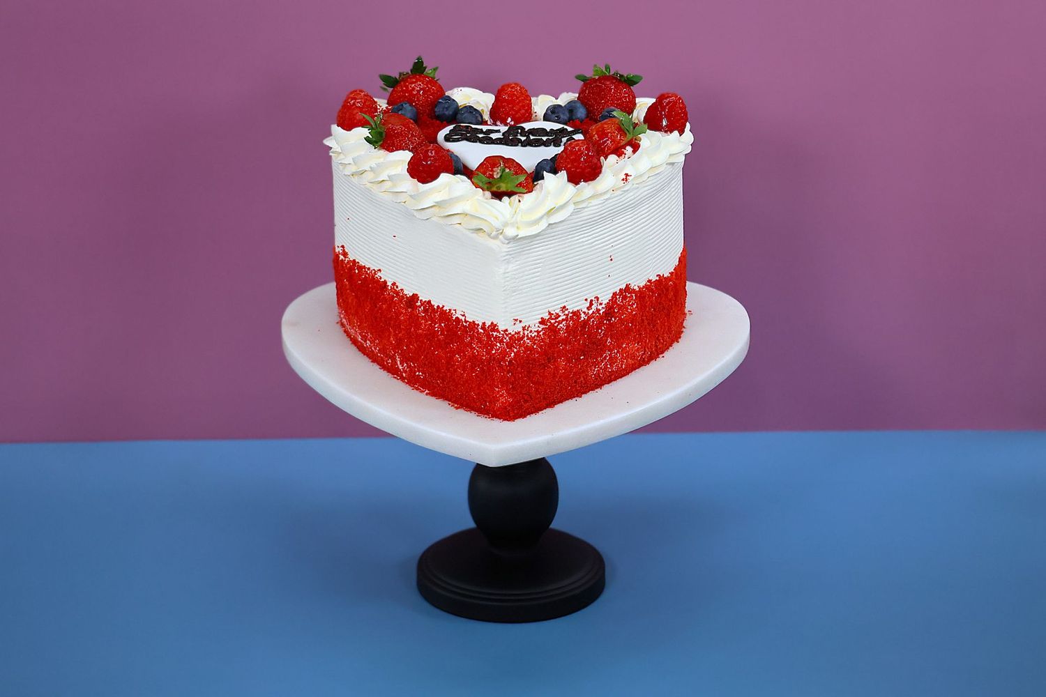 Full Berries With Red Velvet Crumbs On Side Red Velvet Heart Cake RV938