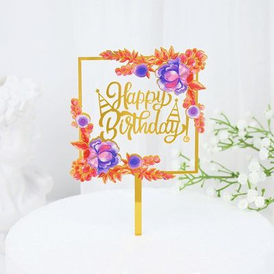 Happy Birthday Cake Topper Gold Acrylic Square With Flowers