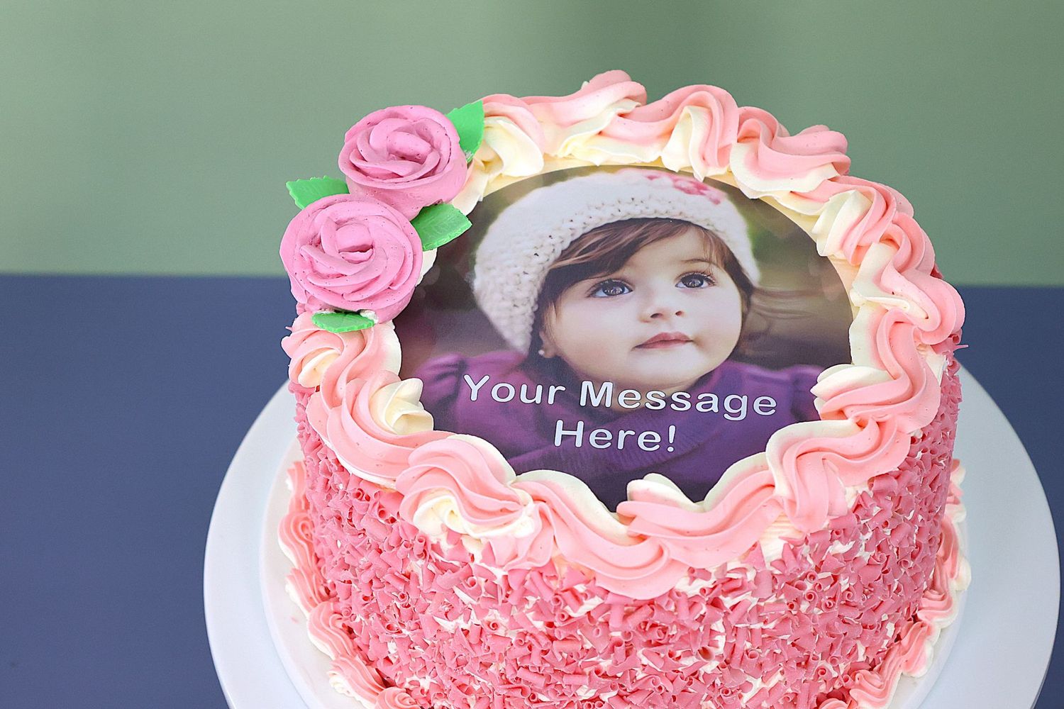 Pink With Pink Curls On Side Photo Birthday Cake