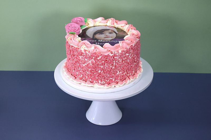 Pink With Pink Curls On Side Photo Birthday Cake