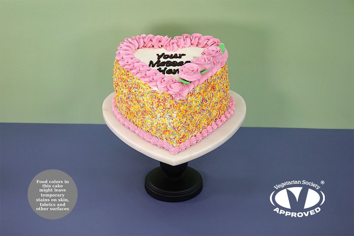 Pink Flowers & Sprinkles On Side Heart Celebration Cake Pink Flowers & Sprinkles On Side Heart Celebration Cake