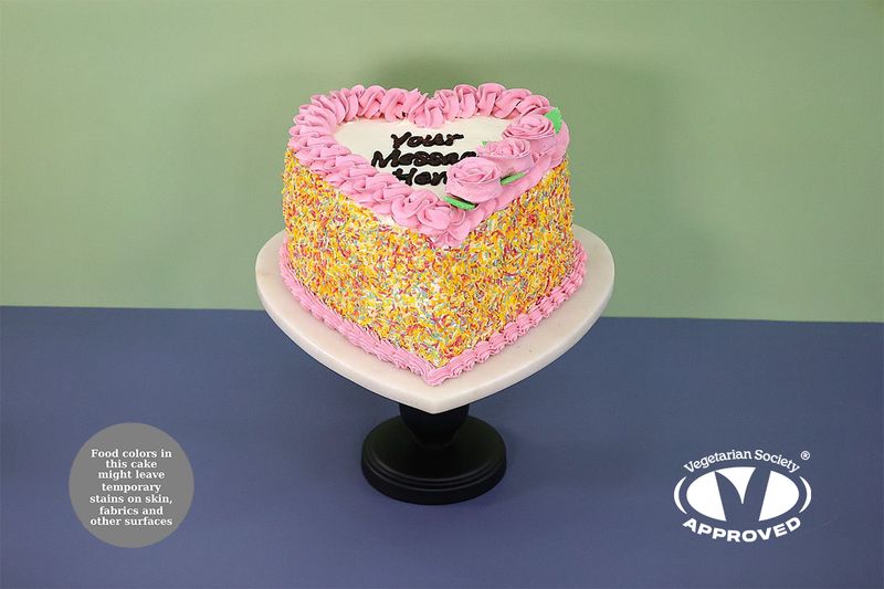 Pink Flowers & Sprinkles On Side Heart Celebration Cake