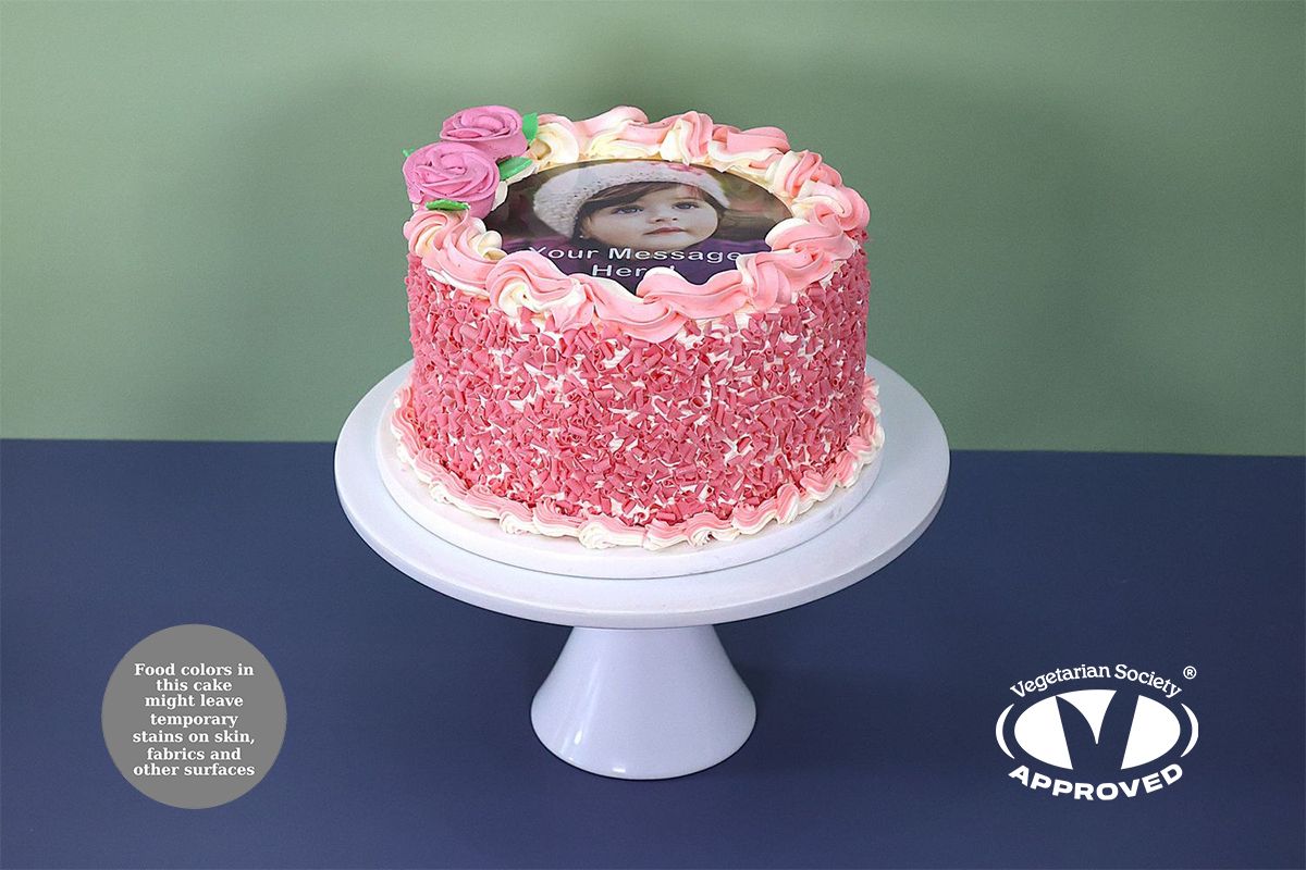 Pink With Pink Curls On Side Photo Birthday Cake