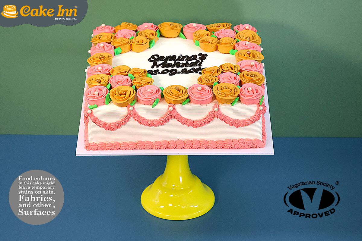 Gold & Pink Flowers Mehndi Cake