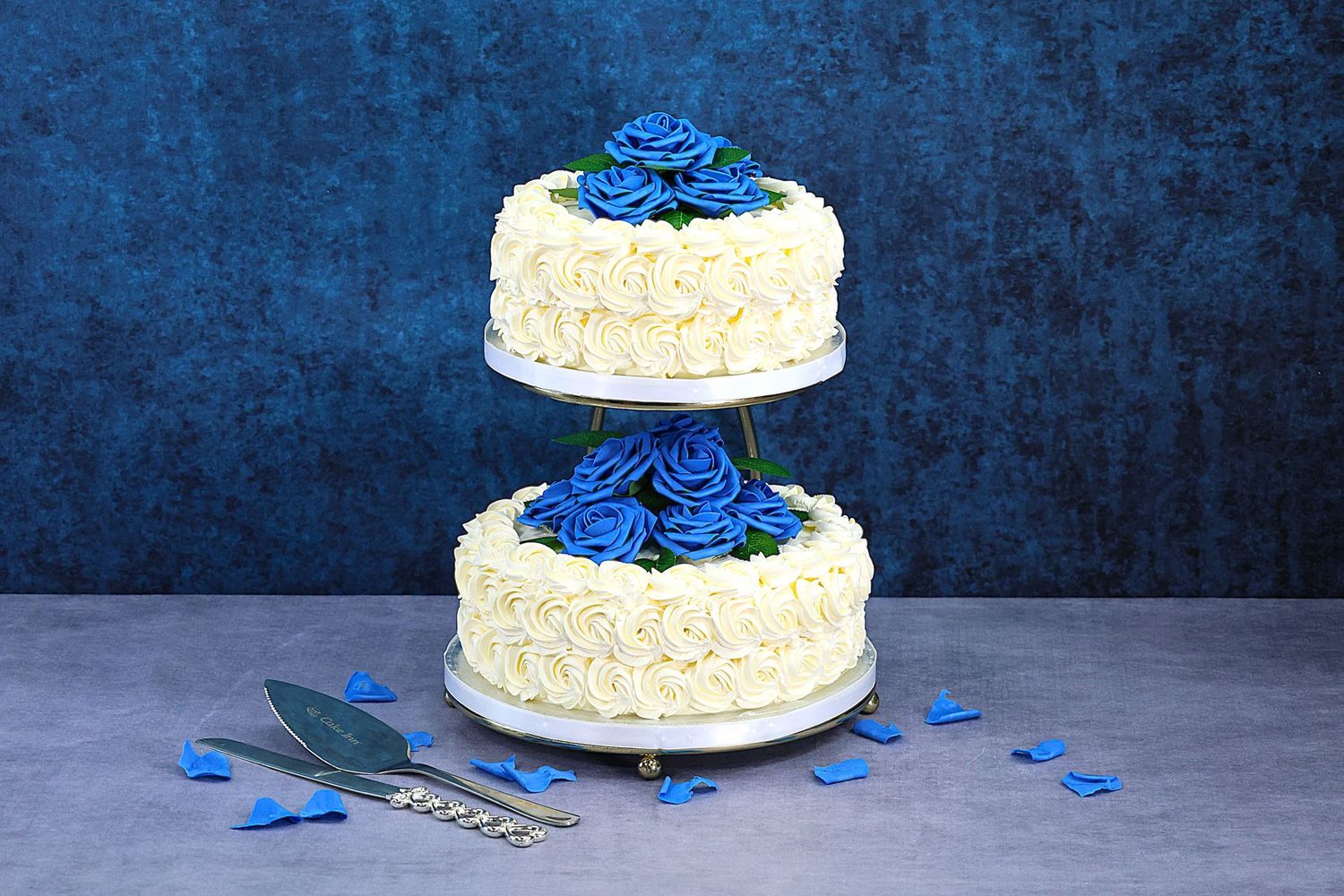 Blue Flowers 2-Tier Wedding Cake