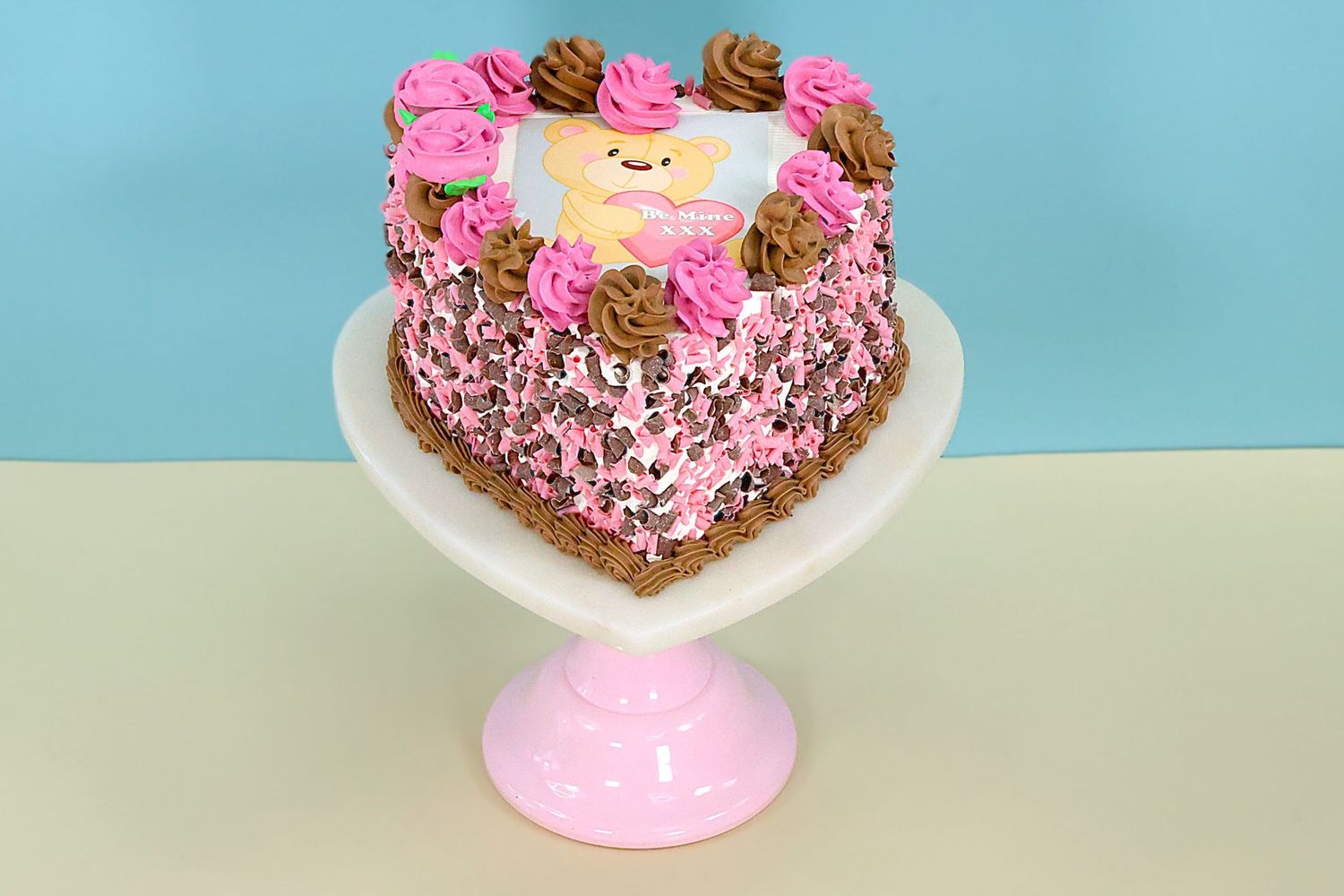 Flowers With Chocolate Curls On Side Heart Photo Cake P422