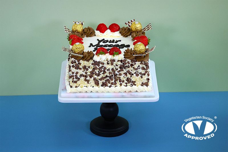 Fresh Fruit & Ferrero Toppings Chocolate With Chocolate Curls On Side Birthday Cake