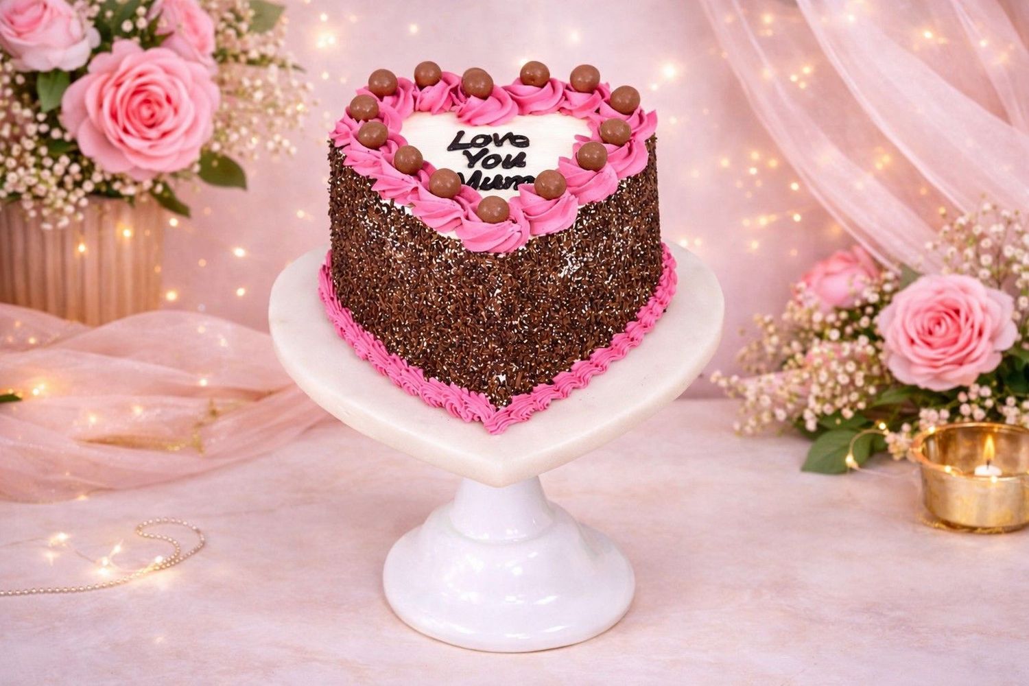Mother's Day Cake Pink Heart With Chocolate Sprinkles On Side Mother's Day Cake Pink Heart With Chocolate Sprinkles On Side