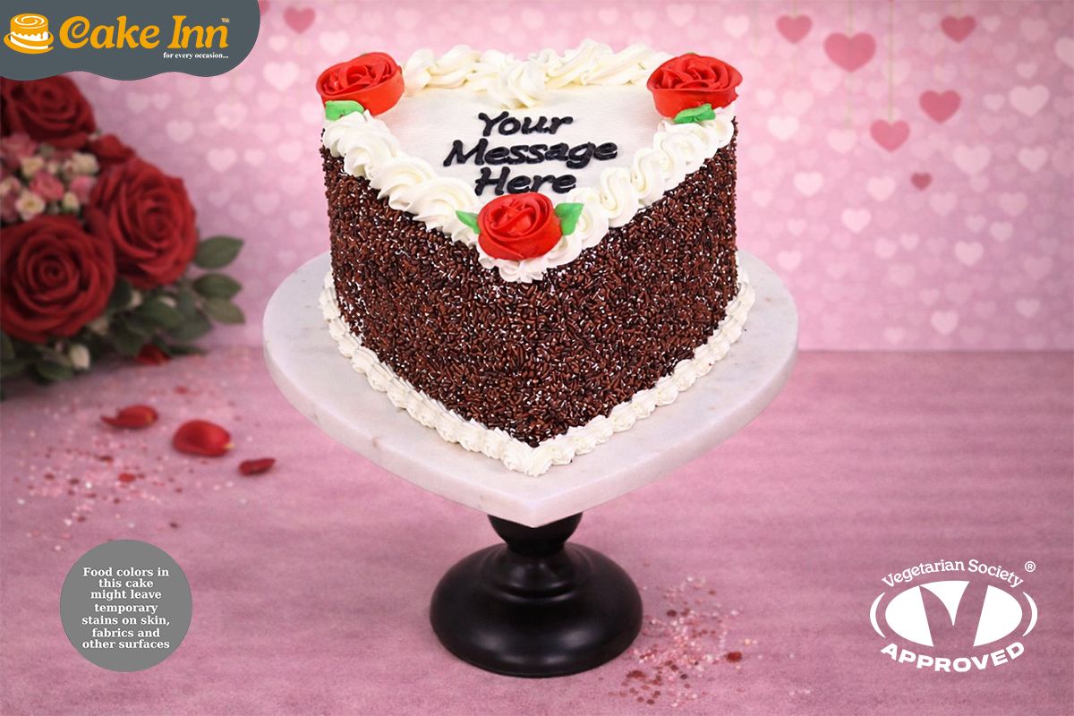 Red Flowers With chocolate sprinkle's On Side Heart Celebration Cake