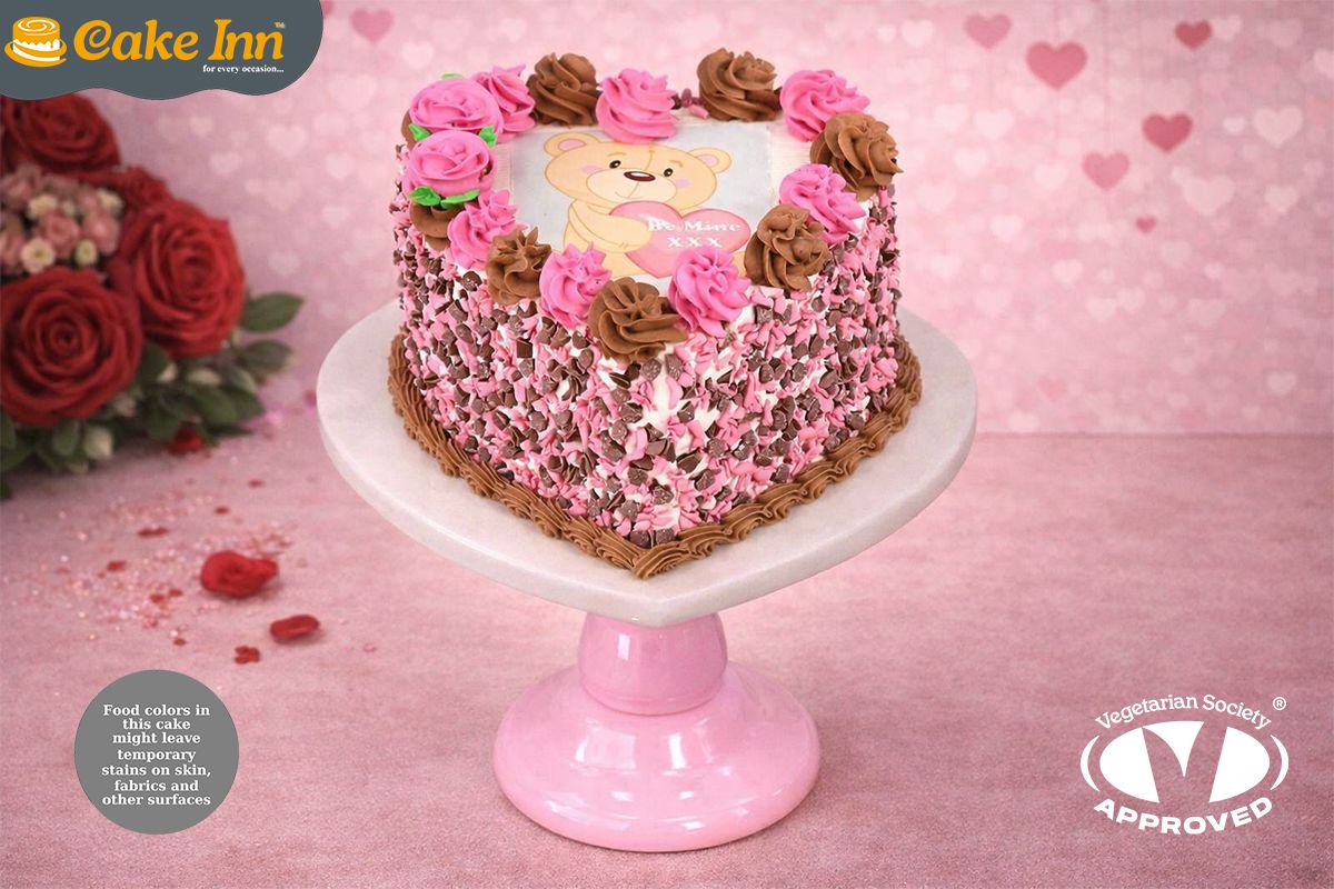 Flowers With Chocolate Curls On Side Heart Photo Cake P422