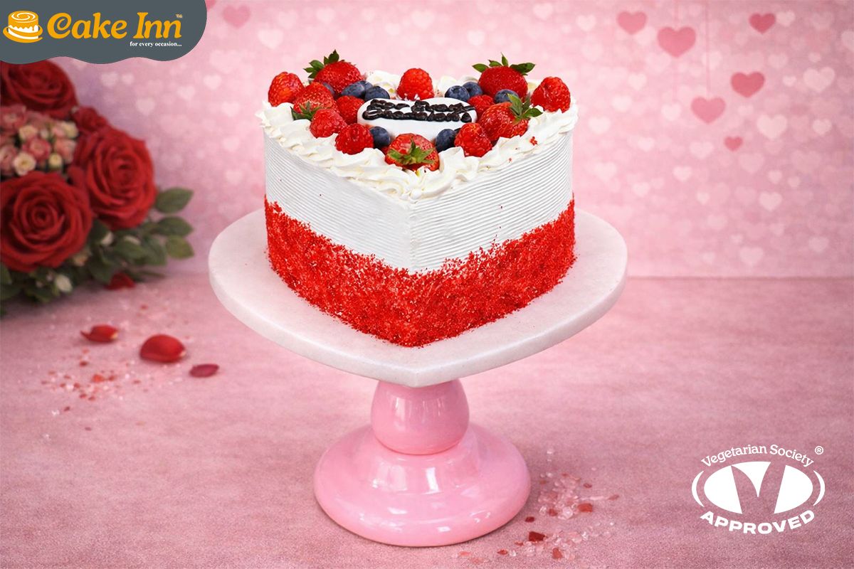 Full Berries With Red Velvet Crumbs On Side Red Velvet Heart Cake RV938