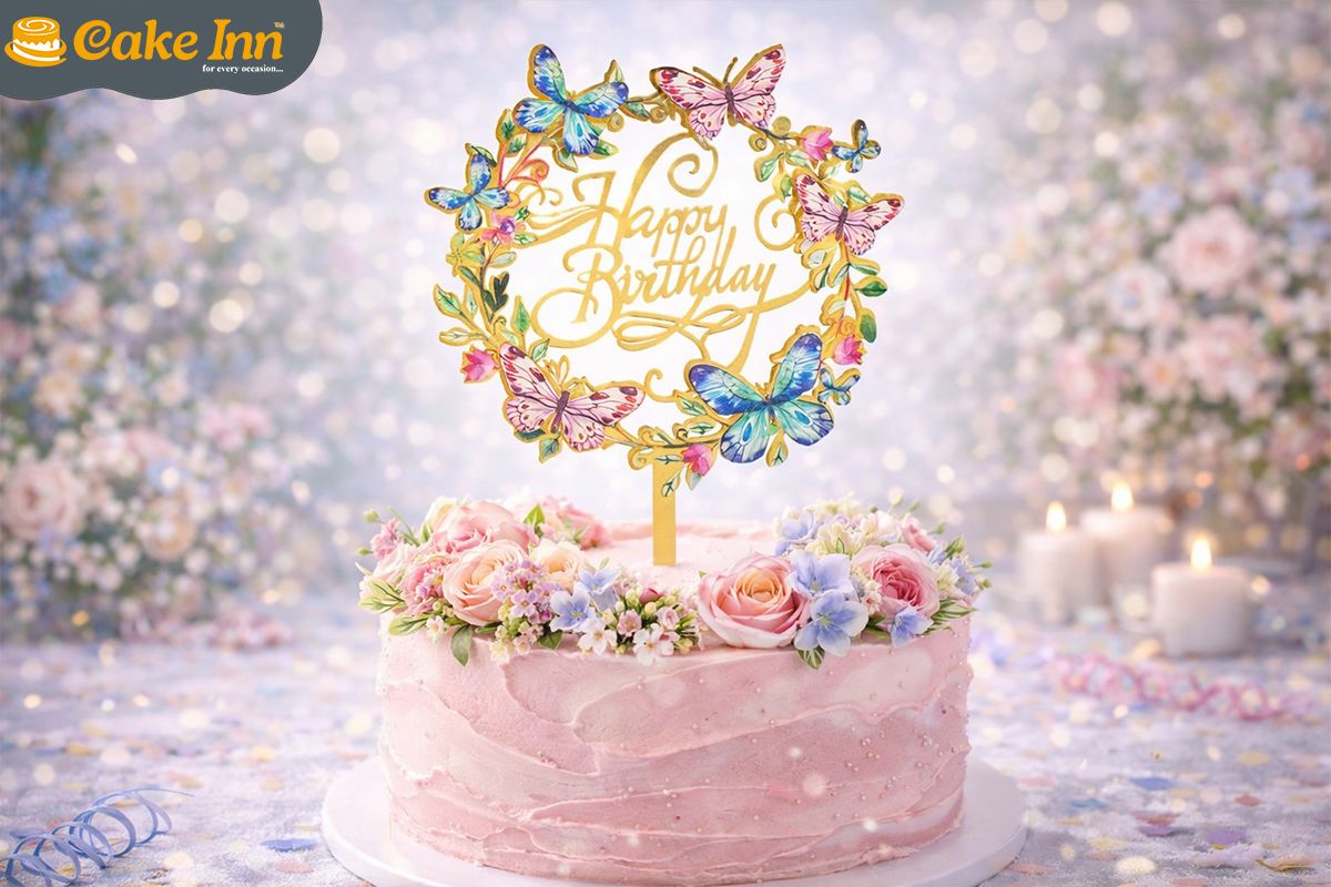 Happy Birthday Cake Topper Gold Acrylic With Butterfly Round