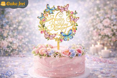 Happy Birthday Cake Topper Gold Acrylic With Butterfly Round