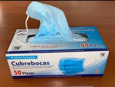 Cubrebocas quirurgico en caja de 50 pzas.