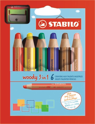 Pencil, Multi Use, Woody 3 in 1 Assorted 6 Pack + Sharpener